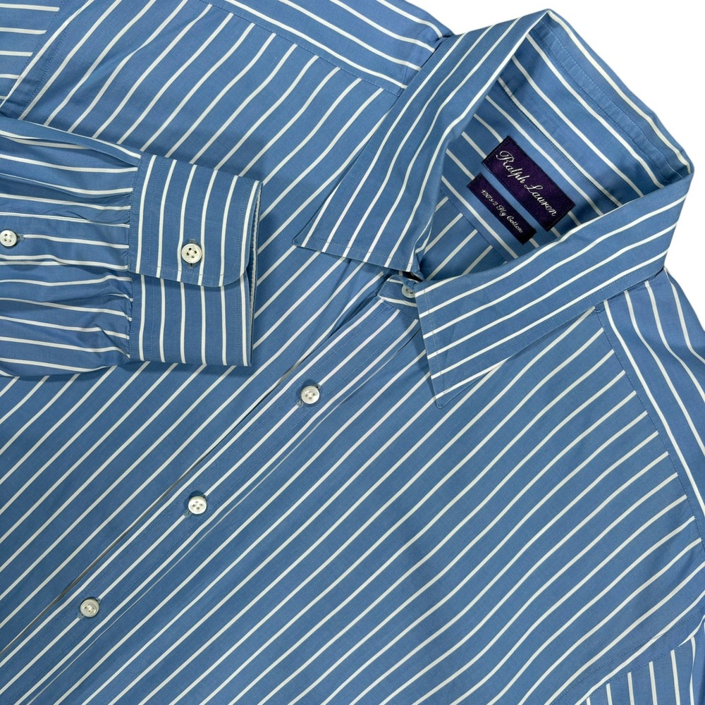 Ralph Lauren Purple Label Dress Shirt Mens 18 Blue White Stripe 120s 2-Ply Italy